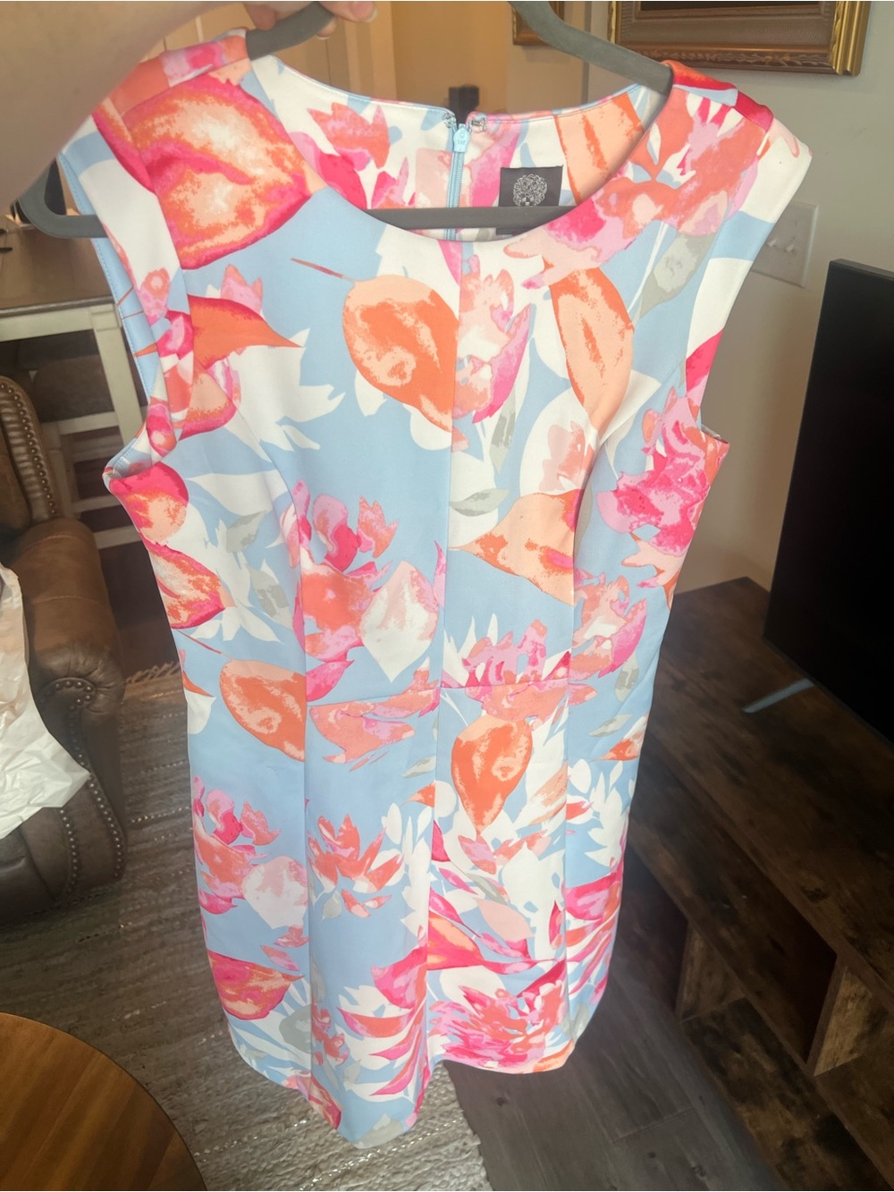 Vince Camuto Blue Sleeveless Floral Shift Top with Pink and Coral Print